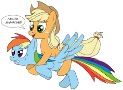 Size: 2300x1686 | Tagged: safe, artist:sparklesk, applejack, rainbow dash, g4, applejack riding rainbow dash, flying, gritted teeth, ponies riding ponies, riding, simple background, smiling, sweat, transparent background