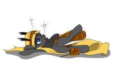 Size: 1500x850 | Tagged: safe, artist:countryroads, oc, oc only, oc:hexferry, mothpony, original species, blushing, chest fluff, drunk, lying down, raised leg, simple background, solo