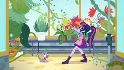 Size: 2208x1242 | Tagged: safe, screencap, sci-twi, spike, spike the regular dog, twilight sparkle, dog, equestria girls, g4, my little pony equestria girls: better together, my little shop of horrors, apron, boots, cactus, celestia's house, clothes, flower, glasses, gloves, greenhouse, magic, plant, plants, ponytail, potted plant, pulling, shoes, vine, watering can