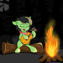 Size: 1550x1550 | Tagged: safe, artist:countryroads, oc, oc only, oc:filly anon, pony, bandana, campfire, eyes closed, female, filly, fire, forest, guitar, night, sitting, solo