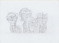 Size: 3510x2550 | Tagged: safe, artist:sparklesk, fluttershy, rainbow dash, rarity, twilight sparkle, g4, clothes, cosplay, costume, depeche mode, high res, monochrome, scanned, strangelove (music video), sunglasses, traditional art