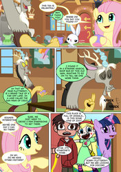 Size: 600x850 | Tagged: safe, artist:imbriaart, angel bunny, discord, fluttershy, twilight sparkle, alicorn, draconequus, human, pegasus, pony, rabbit, comic:magic princess war, g4, clothes, comic, crossover, marco diaz, star butterfly, star vs the forces of evil, twilight sparkle (alicorn)
