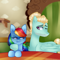 Size: 1024x1024 | Tagged: dead source, safe, artist:chloeprice228, rainbow dash, zephyr breeze, pegasus, pony, g4, annoyed, aside glance, death stare, female, glare, holding, male, mare, one eye closed, rainbow dash is not amused, scene interpretation, smiling, stallion, this will end in pain, unamused, wink