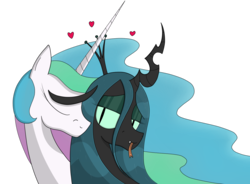 Size: 1461x1074 | Tagged: safe, artist:moonatik, princess celestia, queen chrysalis, alicorn, changeling, changeling queen, pony, g4, cute, cutealis, eyeshadow, fangs, female, gift art, heart, lesbian, love, makeup, ship:chryslestia, shipping, simple background, tongue out, transparent background
