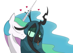 Size: 1461x1074 | Tagged: safe, artist:moonatik, princess celestia, queen chrysalis, alicorn, changeling, changeling queen, pony, g4, a better ending for chrysalis, cute, cutealis, eyeshadow, fangs, female, gift art, heart, lesbian, love, makeup, reformation, reformed, reformed villain, ship:chryslestia, shipping, simple background, tongue out, transparent background