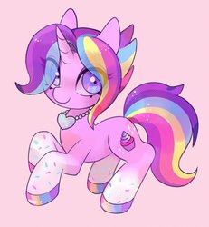 Size: 546x591 | Tagged: safe, artist:lemonheart, oc, oc only, pony, unicorn, cute, female, hair over one eye, jewelry, looking at you, mare, necklace, ocbetes, pink background, rainbow hair, rainbow tail, simple background, smiling, solo, sparkles