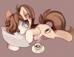 Size: 690x536 | Tagged: safe, artist:lemonheart, oc, oc only, earth pony, pony, coffee, cream art, female, heart, looking at you, lying down, mare, one eye closed, pillow, simple background, solo