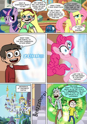 Size: 600x850 | Tagged: safe, artist:imbriaart, angel bunny, fluttershy, pinkie pie, twilight sparkle, alicorn, human, pegasus, pony, rabbit, comic:magic princess war, g4, canterlot castle, clothes, comic, crossover, marco diaz, morty smith, rick and morty, rick sanchez, star butterfly, star vs the forces of evil, twilight sparkle (alicorn)