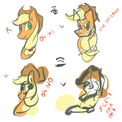Size: 1024x1024 | Tagged: safe, artist:chloeprice228, applejack, earth pony, pony, g4, closed eyes challenge, cyrillic, female, left hand challenge, non-dominant hand drawing, russian, solo