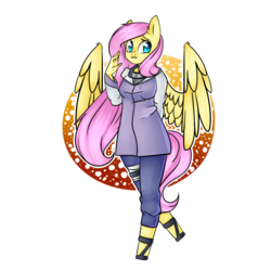 Size: 1024x1024 | Tagged: dead source, safe, artist:chloeprice228, fluttershy, anthro, unguligrade anthro, g4, abstract background, bipedal, clothes, cosplay, costume, crossed legs, crossover, female, hyuuga hinata, naruto, simple background, solo, spread wings, transparent background, wings