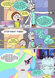 Size: 600x850 | Tagged: safe, artist:imbriaart, princess celestia, alicorn, earth pony, human, pony, comic:magic princess war, g4, clothes, comic, crossover, morty smith, ponified, rick and morty, rick sanchez