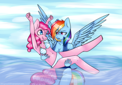 Size: 1024x711 | Tagged: safe, artist:chloeprice228, pinkie pie, rainbow dash, earth pony, pegasus, anthro, unguligrade anthro, g4, armpits, beach, belly button, clothes, cute, duo, duo female, female, holding, mare, spread wings, swimming, swimsuit, wings