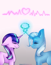 Size: 1024x1297 | Tagged: safe, artist:chloeprice228, starlight glimmer, trixie, pony, unicorn, g4, abstract background, cute, duo, eyes closed, female, heart, magic, mare
