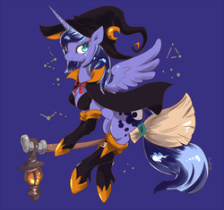 Size: 1280x1201 | Tagged: safe, artist:grimbloody, princess luna, alicorn, anthro, unguligrade anthro, g4, arm hooves, breasts, broom, cape, cleavage, clothes, colored pupils, constellation, female, flying, flying broomstick, lantern, looking at you, mare, purple background, signature, simple background, smiling, solo, witch