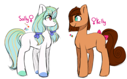 Size: 1024x640 | Tagged: safe, artist:chloeprice228, oc, oc only, oc:kelly, oc:sally, earth pony, pony, unicorn, bow, cute, female, looking at each other, mare, simple background, tail bow, transparent background