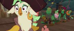 Size: 1920x804 | Tagged: safe, screencap, boyle, captain celaeno, lix spittle, mullet (g4), squabble, parrot, parrot pirates, anthro, g4, my little pony: the movie, amputee, clothes, derp, ear piercing, earring, eyepatch, hat, hook, hook hand, jewelry, piercing, pirate, pirate hat, prosthetics, surprised