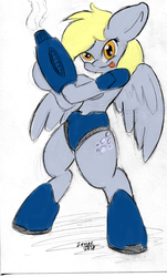 Size: 1280x2123 | Tagged: safe, artist:zemer, derpy hooves, pegasus, semi-anthro, g4, 30 minute art challenge, female, mega man (series), megamare, parody, solo, tongue out, traditional art