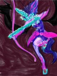 Size: 687x917 | Tagged: safe, artist:xjleiu, sci-twi, twilight sparkle, equestria girls, g4, my little pony equestria girls: friendship games, about to shoot, arrow, bow (weapon), bow and arrow, female, fight, flying, magic arrow, midnight sparkle, solo, weapon
