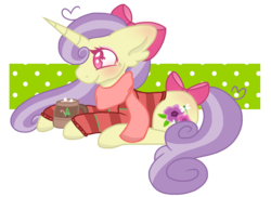 Size: 2048x1494 | Tagged: safe, artist:chococakebabe, oc, oc only, oc:meadow blossom, pony, unicorn, bow, chocolate, clothes, female, food, hair bow, hot chocolate, mare, prone, scarf, simple background, solo, sweater, transparent background