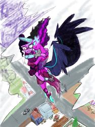 Size: 717x956 | Tagged: safe, artist:xjleiu, sci-twi, twilight sparkle, equestria girls, g4, my little pony equestria girls: friendship games, clothes, duality, duo, female, flying, holding, midnight sparkle, scared, self paradox