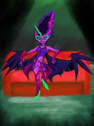 Size: 1492x1990 | Tagged: safe, artist:xjleiu, sci-twi, twilight sparkle, equestria girls, g4, my little pony equestria girls: friendship games, couch, female, licking, licking lips, looking at you, midnight sparkle, sitting, solo, tongue out, wings down