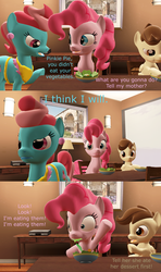 Size: 1920x3240 | Tagged: safe, artist:red4567, cup cake, pinkie pie, pound cake, earth pony, pony, g4, 3d, comic, eating, food, garfield, herbivore, male, ponified, salad, source filmmaker, tempting fate, vegetables