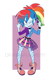 Size: 1777x2589 | Tagged: safe, artist:drawbauchery, rainbow dash, equestria girls, g4, alternate hairstyle, boots, clothes, cute, female, fishnet stockings, one eye closed, pantyhose, ponytail, shoes, skirt, smiling, solo, watermark, wink