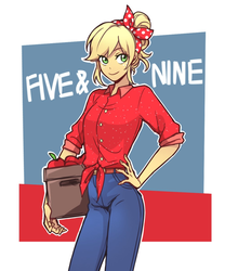 Size: 1000x1200 | Tagged: safe, artist:dcon, applejack, equestria girls, five to nine, g4, my little pony equestria girls: better together, apple, box, clothes, female, food, hand on hip, jeans, looking at you, pants, smiling, solo