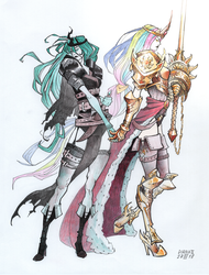 Size: 1280x1684 | Tagged: safe, artist:dianaiiz, princess celestia, queen chrysalis, human, g4, armor, boots, crown, female, high heel boots, high heels, holding hands, humanized, jewelry, knife, lance, lesbian, obtrusive watermark, regalia, ship:chryslestia, shipping, shoes, simple background, sword, warrior, warrior celestia, watermark, weapon, white background, woman