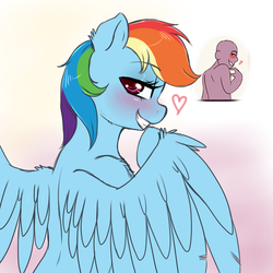 Size: 2000x2000 | Tagged: dead source, safe, artist:evomanaphy, rainbow dash, pegasus, pony, blushing, female, grin, heart, looking at you, looking back, looking back at you, mare, smiling, solo