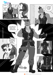 Size: 1200x1697 | Tagged: safe, artist:pia-sama, rarity, spike, anthro, comic:rogue diamond, g4, bed, belt, blushing, boots, clothes, comic, eyes on the prize, fingerless gloves, gloves, monochrome, shoes, sweat, sweatdrop, vest