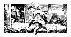 Size: 2550x1350 | Tagged: safe, artist:halley-valentine, oc, oc only, oc:homage, oc:littlepip, pony, unicorn, fallout equestria, fallout equestria illustrated, black and white, clothes, crying, cutie mark, drugs, duo, ear fluff, eyes closed, fanfic, fanfic art, female, floppy ears, grayscale, hooves, horn, jumpsuit, lesbian, mare, mint-als, monochrome, oc x oc, party time mintals, pipbuck, ship:pipmage, shipping, sitting, tenpony tower, vault suit