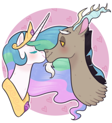Size: 1600x1753 | Tagged: safe, artist:whisperseas, discord, princess celestia, g4, bust, eyes closed, female, kissing, male, ship:dislestia, shipping, simple background, straight, transparent background