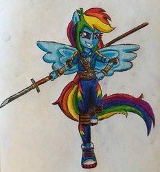 Size: 2568x2755 | Tagged: safe, artist:bozzerkazooers, rainbow dash, equestria girls, equestria girls series, g4, clothes, converse, female, geode of super speed, high res, magical geodes, naginata, pants, polearm, ponied up, raised leg, shoes, simple background, sneakers, solo, traditional art, weapon, white background