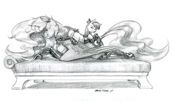 Size: 1400x818 | Tagged: safe, artist:baron engel, apple bloom, princess luna, alicorn, earth pony, pony, g4, bow, clothes, duo, duo female, female, filly, grayscale, horn, horn jewelry, jewelry, latex, latex socks, mare, monochrome, pencil drawing, prone, simple background, smiling, socks, tail bow, traditional art, white background