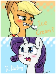 Size: 1200x1600 | Tagged: safe, artist:z-y-c, applejack, rarity, earth pony, pony, unicorn, g4, applejack's hat, blushing, bust, cowboy hat, darling, female, food, hat, ice cream, lesbian, looking down, looking up, mare, open mouth, ship:rarijack, shipping, spoon, text