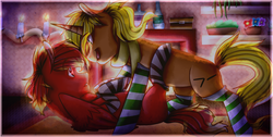 Size: 1890x950 | Tagged: safe, artist:phantomlemon, oc, oc only, oc:infernus, oc:rock, candle, candlelight, clothes, cozy, cute, dominant, fireplace, gay, looking at each other, male, nervous, on top, pinned, scarf, shipping, smiling, smirk, socks, striped socks