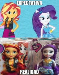 Size: 600x763 | Tagged: safe, rarity, sunset shimmer, equestria girls, equestria girls series, g4, close enough, doll, equestria girls logo, expectation vs reality, female, geode of empathy, geode of shielding, hasbro, irl, meme, nailed it, photo, spanish, toy