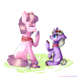 Size: 1024x1024 | Tagged: safe, artist:chloeprice228, oc, oc only, earth pony, pony, unicorn, bow, collar, cute, duo, eyes closed, female, floral head wreath, flower, mare, simple background, sitting, smiling, tail bow, transparent background