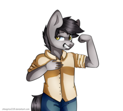 Size: 1024x931 | Tagged: safe, artist:chloeprice228, oc, oc only, anthro, clothes, flexing, looking at you, male, showing off, simple background, smiling, solo, transparent background
