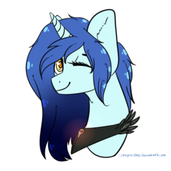 Size: 1024x1024 | Tagged: safe, artist:chloeprice228, oc, oc only, pony, unicorn, bust, female, looking at you, mare, neckerchief, one eye closed, portrait, simple background, skull, smiling, solo, transparent background, wink