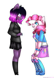 Size: 1024x1461 | Tagged: safe, artist:chloeprice228, pinkie pie, oc, anthro, g4, clothes, duo, equestria girls outfit, looking at each other, simple background