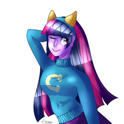 Size: 1024x1024 | Tagged: safe, artist:chloeprice228, twilight sparkle, equestria girls, g4, arm behind head, female, one eye closed, simple background, solo