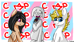 Size: 396x224 | Tagged: safe, artist:chloeprice228, oc, oc only, earth pony, pegasus, pony, unicorn, abstract background, female, floppy ears, flower, love triangle, male, mare, stallion, trio