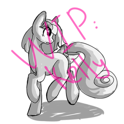 Size: 1024x1024 | Tagged: safe, artist:chloeprice228, oc, oc only, earth pony, pony, bow, cute, female, gritted teeth, looking back, mare, simple background, sketch, solo, tail bow, walking, wip