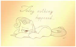 Size: 2039x1266 | Tagged: safe, artist:sherwoodwhisper, sweetie belle, pony, unicorn, g4, bored, female, filly, looking back, lying down, monochrome, prone, sketch, solo, text
