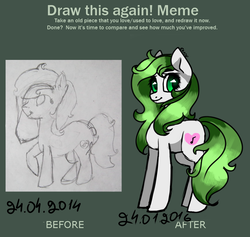 Size: 784x744 | Tagged: safe, artist:chloeprice228, oc, oc only, oc:green day, earth pony, pony, cute, draw this again, female, looking at you, mare, meme, simple background, solo, standing