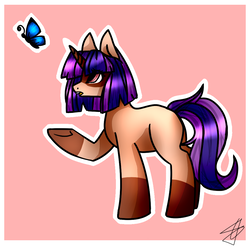 Size: 1003x991 | Tagged: safe, artist:chloeprice228, oc, oc only, butterfly, pony, unicorn, abstract background, female, mare, open mouth, raised hoof, solo, standing