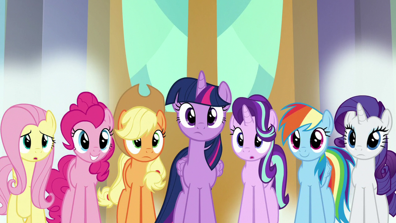 1692641 - safe, screencap, applejack, fluttershy, pinkie pie, rainbow dash,  rarity, starlight glimmer, twilight sparkle, alicorn, pegasus, pony,  unicorn, school daze, alternate mane seven, mane six, twilight sparkle  (alicorn), varying degrees of