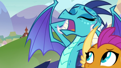 Size: 1280x720 | Tagged: safe, screencap, princess ember, smolder, dragon, g4, school daze, claws, covering ears, dragoness, drama queen, duo, eyes closed, female, giving in, hands on head, horns, humorus, looking up, obscured face, open mouth, raised eyebrow, solo focus, spread wings, teenaged dragon, teenager, wings, yelling